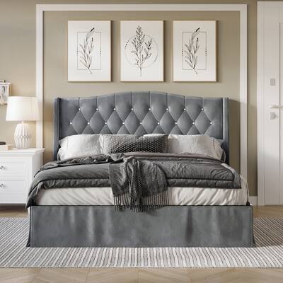 CraftPorch Glam Velvet Crystal Button Tufted Upholstered Platform Bed