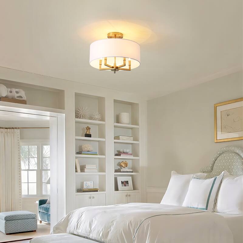 4-Light Mid-Century Modern Gold Semi-Flush Mount Light with White Drum Fabric Shade for Bedroom, Living Room
