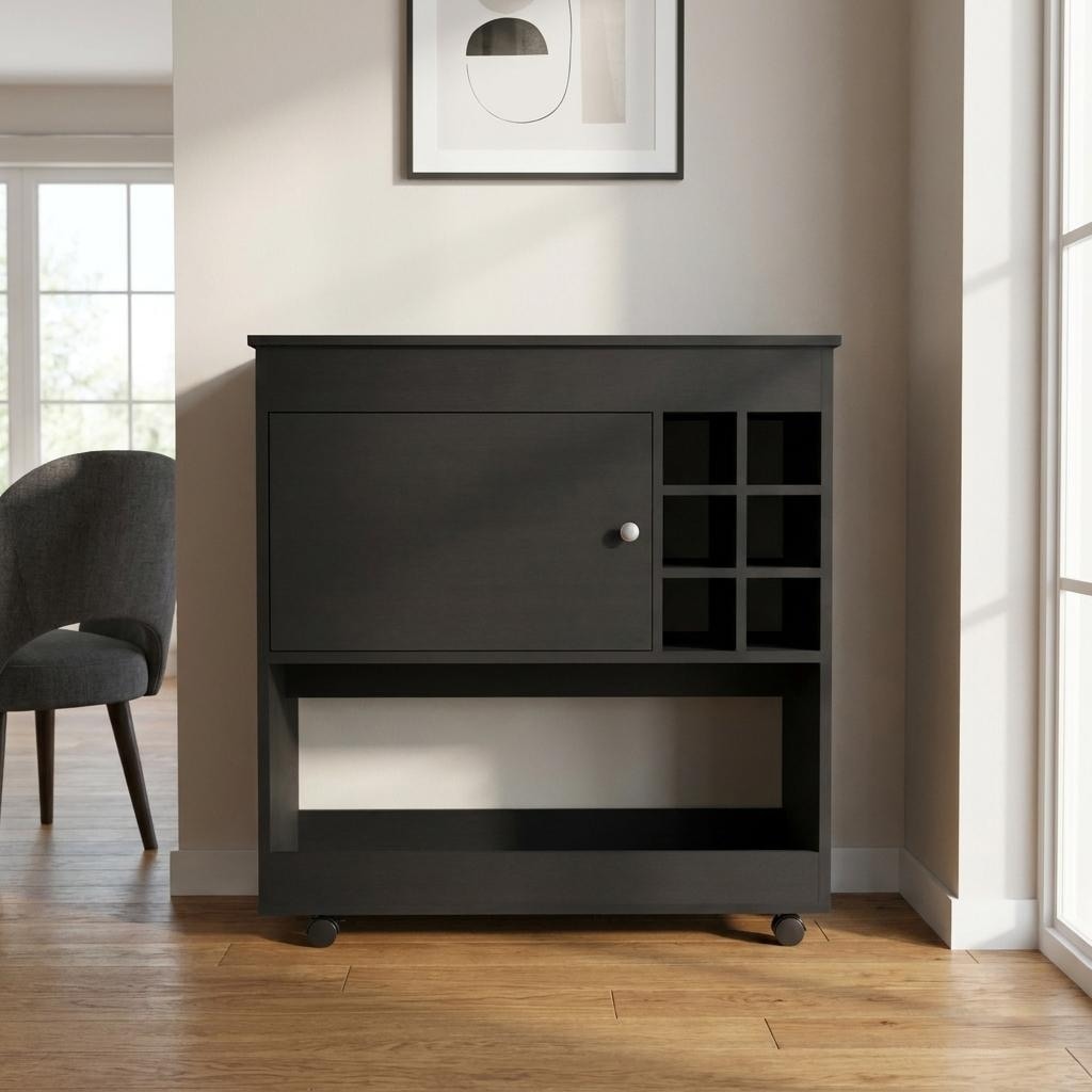 HomeRoots Black Rolling Bar Cart With Wine Storage - 35.40 in. x 37.40 in. x 18.50 in.