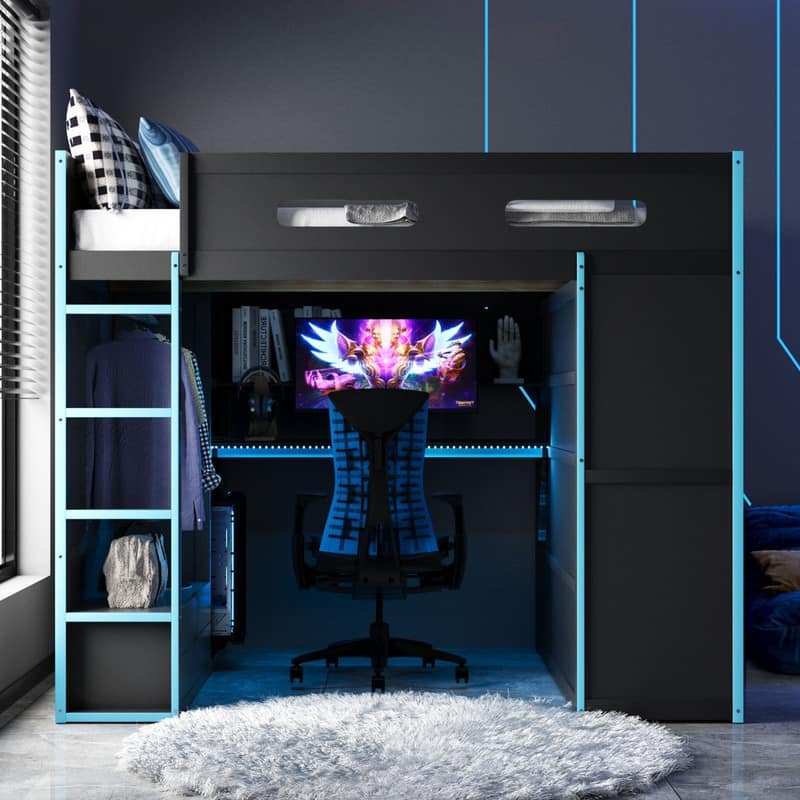 Full Size Versatile Loft Bed w/ Built-in Desk w/ Charging Station, Wood Storage Gaming Bed Frame w/ Wardrobe and Drawer
