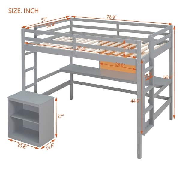 Full Wood Loft Bed with Desk, Writing Board, Cabinet & Safety Barriers