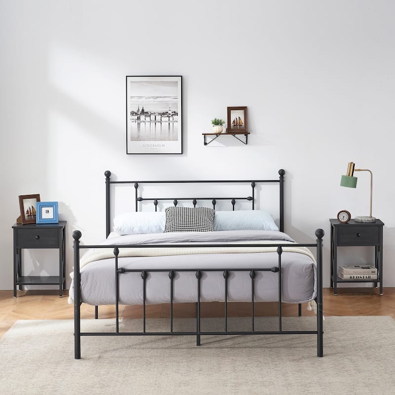 Javlergo 3-Piece Bedroom Sets with Metal Platform Bed Frame and Nightstand Set of 2 - Black Nightstand - Queen