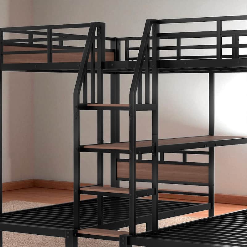 Twin/Queen over Twin over Twin Metal Triple Bunk Bed with Storage Shelves & Built-in Stairs, Black Heavy Duty Frame