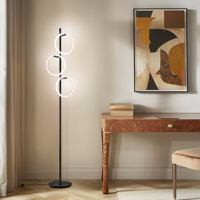 Brightech Saturn 66 in. Classic Black Industrial 3-Light Color Changing LED Floor Lamp with 3 Replaceable LED Rings