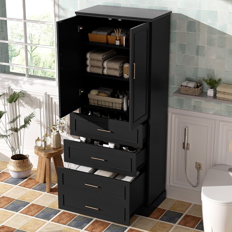 Freestanding Bathroom Cabinet with 3 Drawers, Adjustable Shelf, Soft-Close Doors - Black