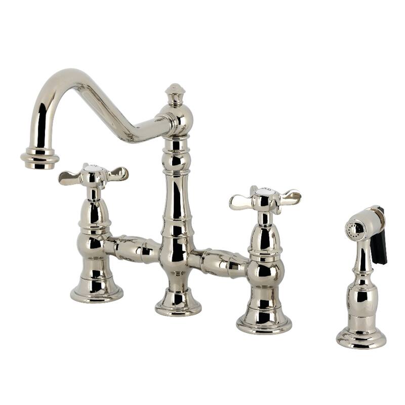 Kingston Brass Essex Two-Handle 4-Hole Deck Mount Bridge Kitchen Faucet with Brass Side Sprayer