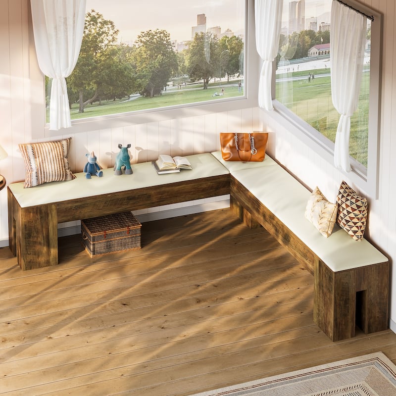 61 Inch L-Shaped Bench with Padded Seat Cushion for Entryway / Bedroom / Living Room / Kitchen Dining Room - White & Brown