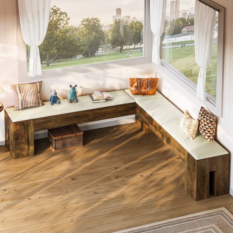 61 Inch L-Shaped Bench with Padded Seat Cushion - 13.78"D x 61.02"W x 17.71"H