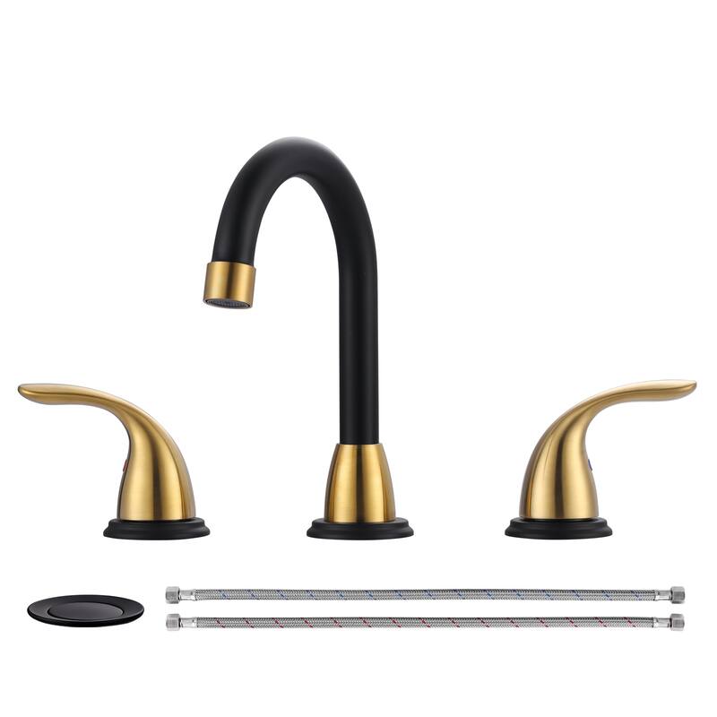 WOWOW 8 in. Widespread Double Handle Bathroom Faucet - Gold and Black