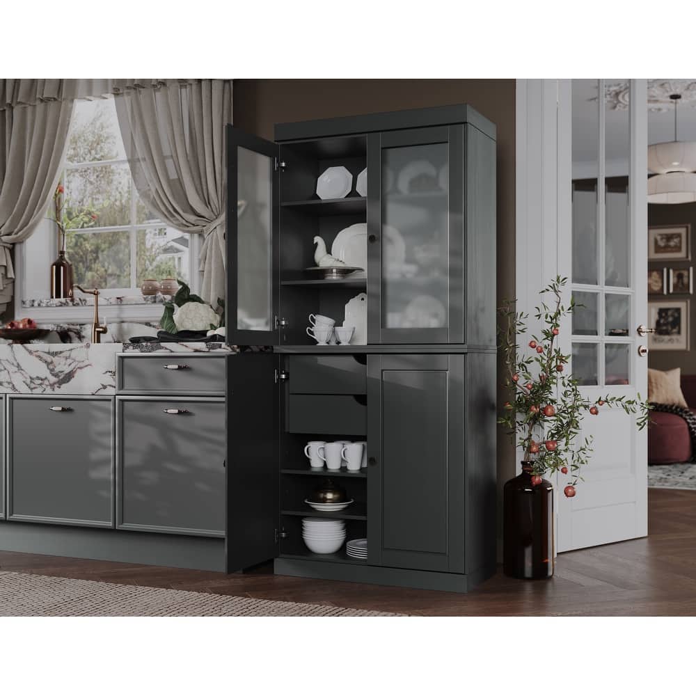 Palace Imports 100% Solid Wood Pantry Cabinet with Frosted Glass Doors, Solid Doors, 2-Drawers and Adjustable Shelves