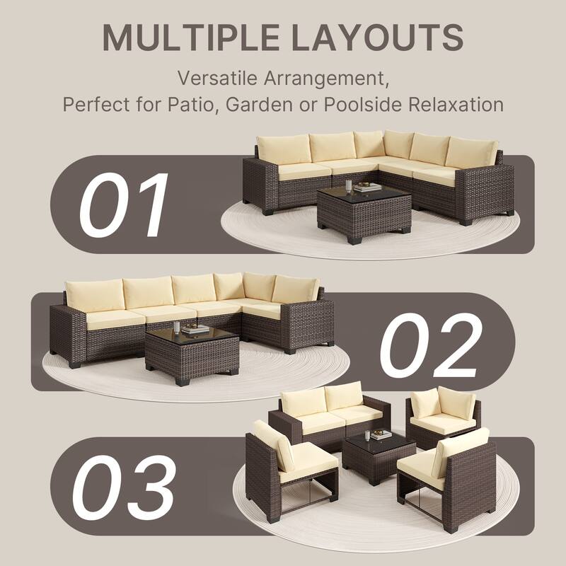 6-Piece Outdoor Patio Furniture Set, PE Wicker Rattan Sectional Sofa Conversation Set with Thickened Cushions and Coffee Table