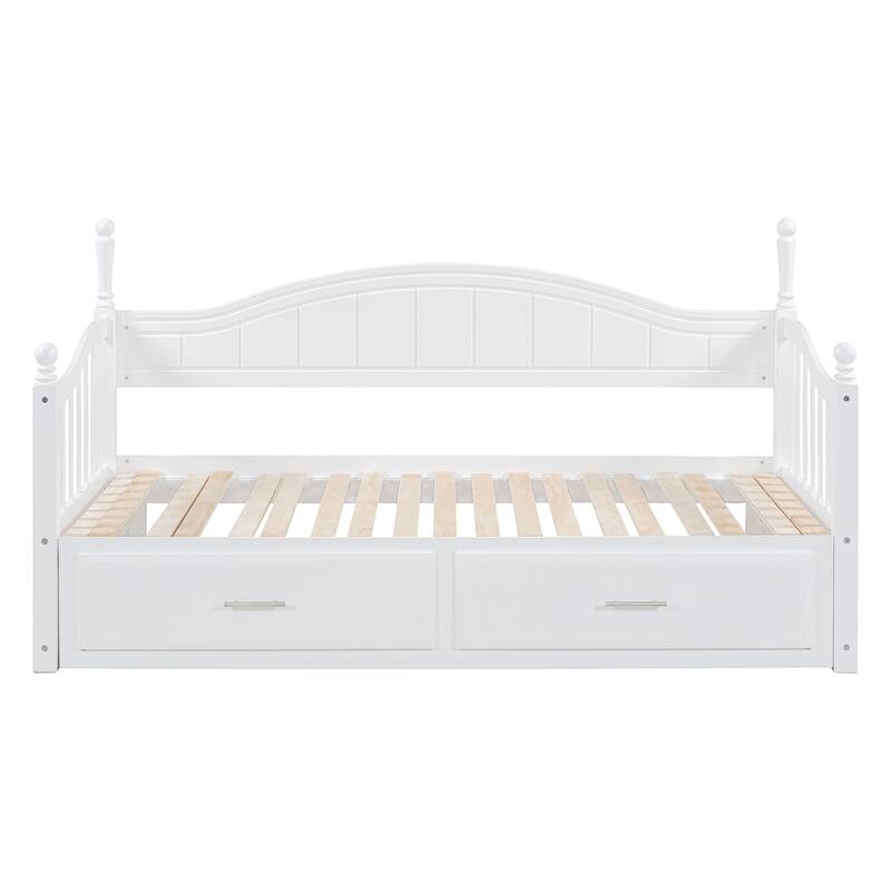 Mid-Century Modern Daybed with Extendable Twin Trundle, Storage Daybed with 2 Drawers, Curved Design Daybed Frame - White