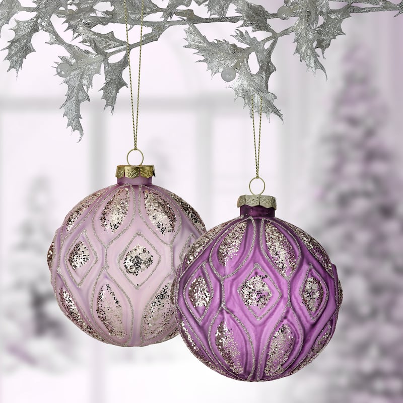 4" Frost Glass With Glitter Ball Ornament Set of 6