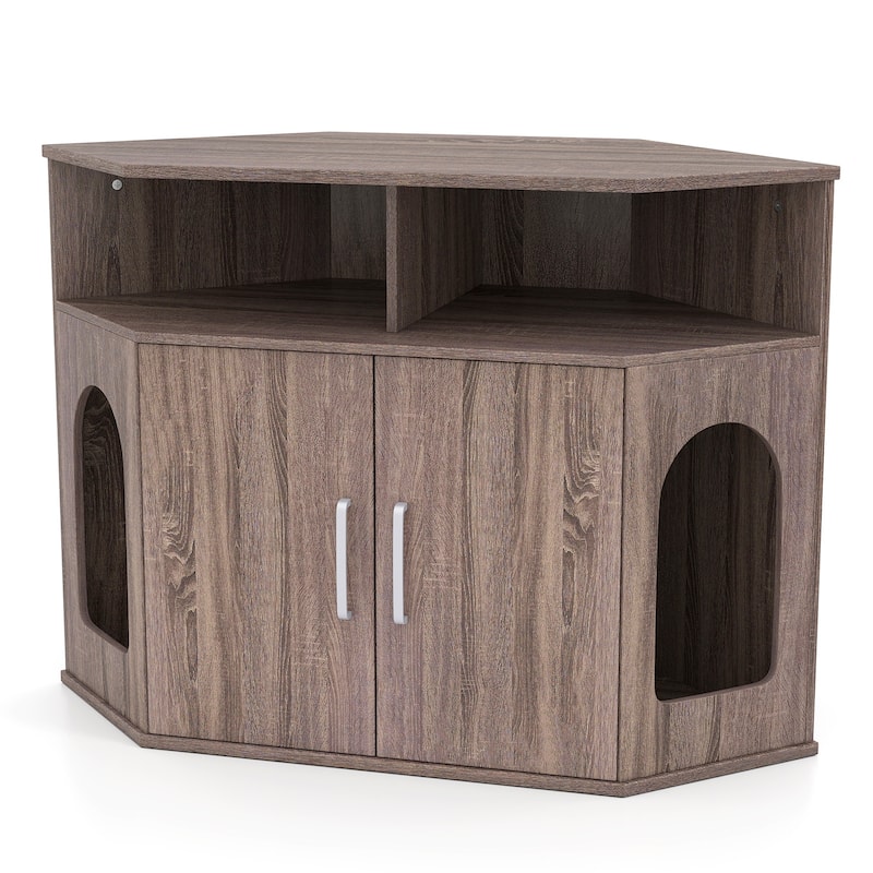 Grey Engineered Wood Cat Litter Box Cabinet with Storage and Corner Design
