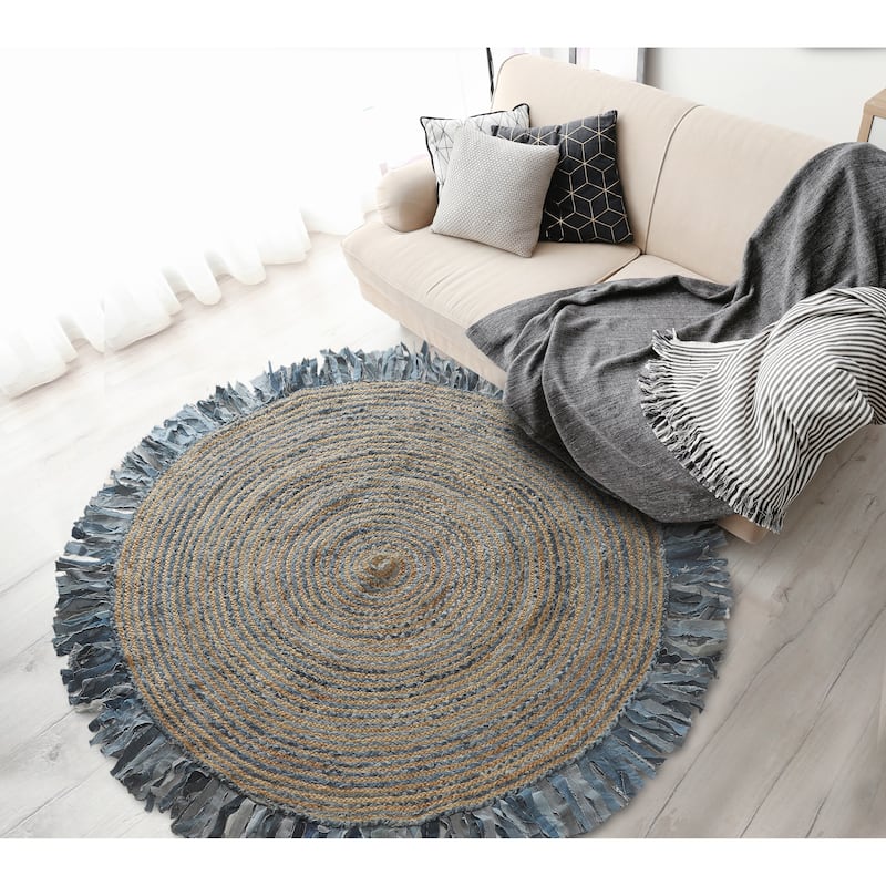 Sevita Organic Jute Braided Area Rug, Denim Blue and Natural