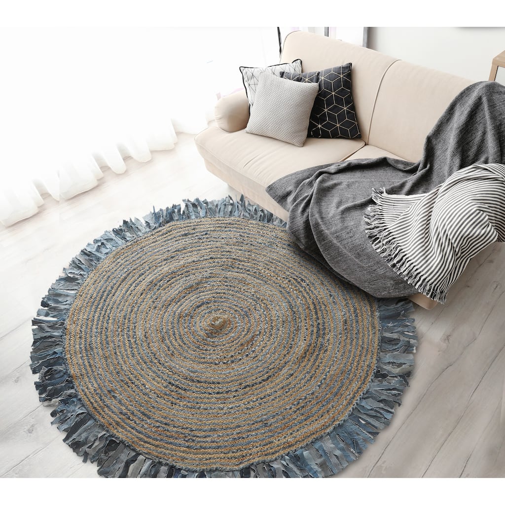 Sevita Organic Jute Braided Area Rug, Denim Blue and Natural