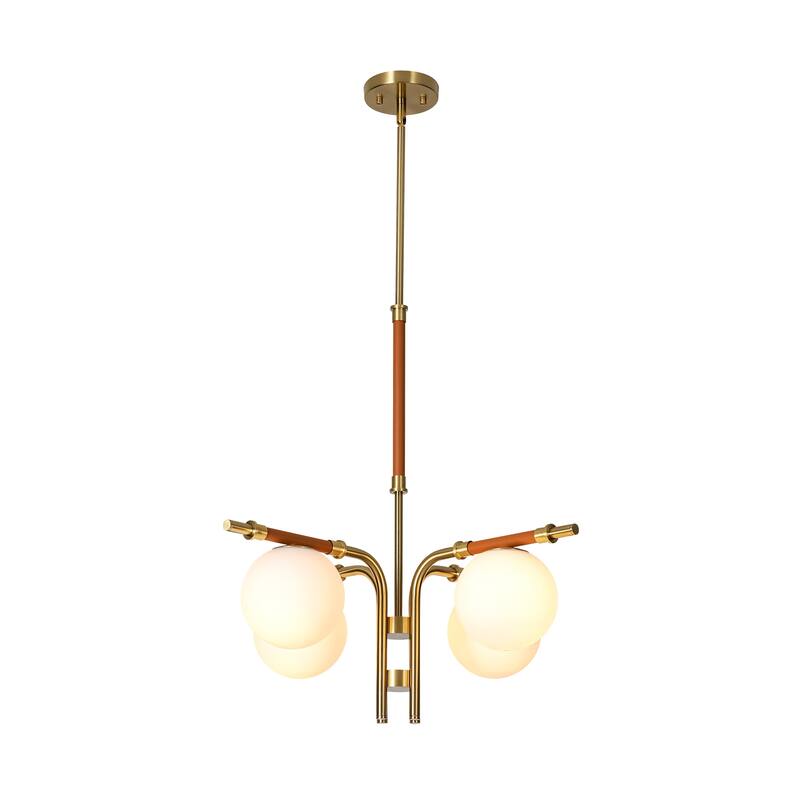 4-Light Mid-Century Modern Gold Linear Sputnik Chandelier with Opal Glass Globe Shades for Living Room, Dining Room, Bedroom