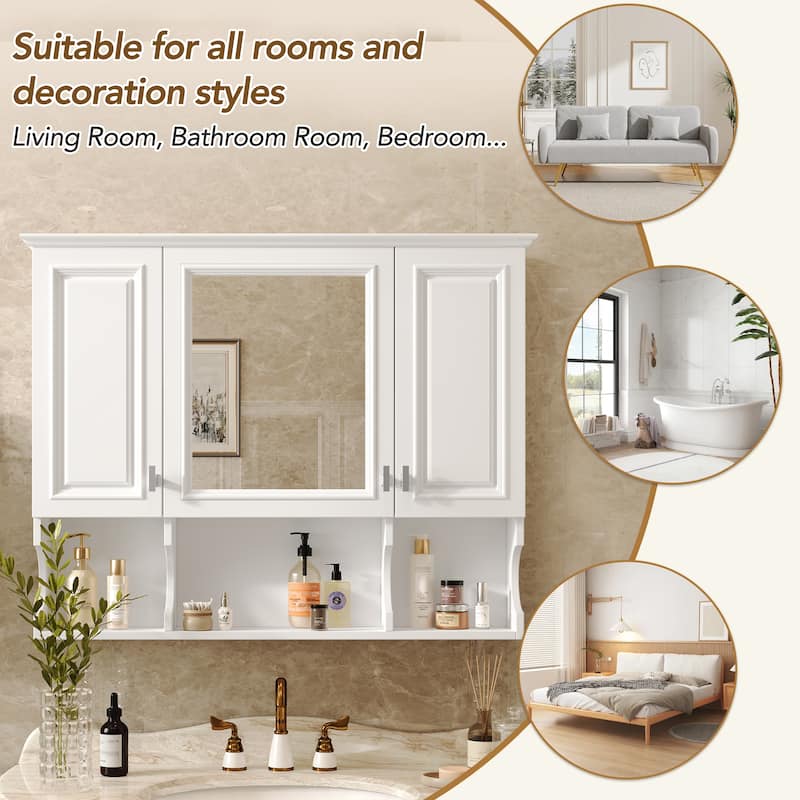 Modern 35" Bathroom Wall Cabinet with Mirror, Triple Doors, Adjustable Storage and Open Display Shelves
