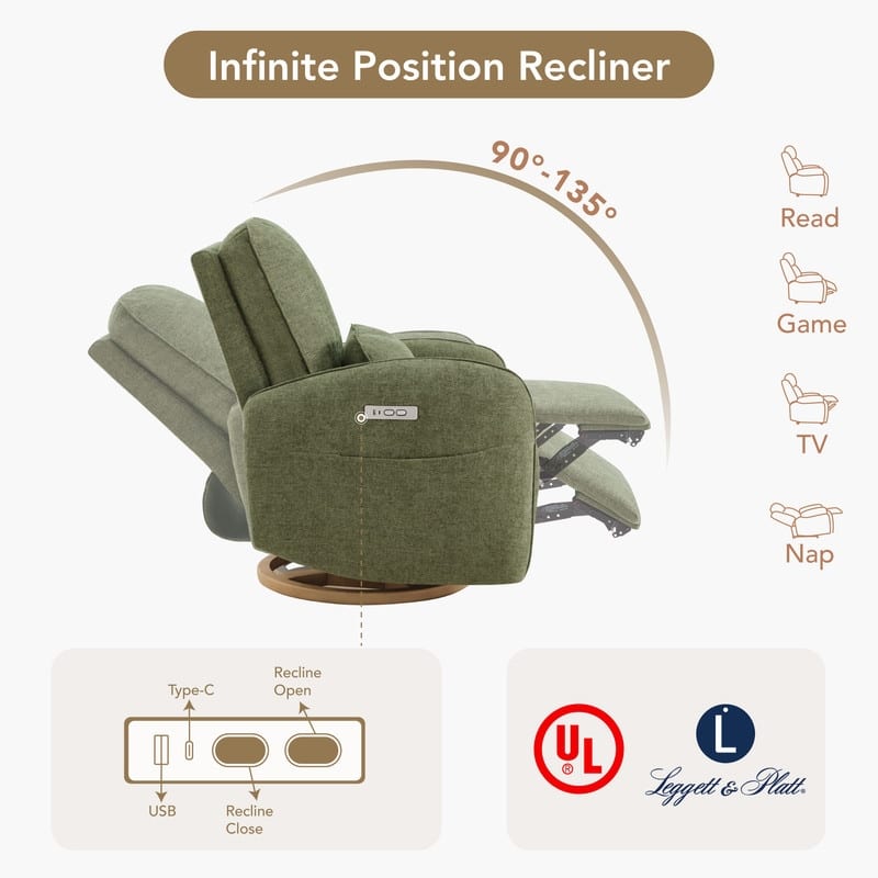 Spruce & Spring Power Swivel Recliner Chair Nursery Glider with Lumber Pillow