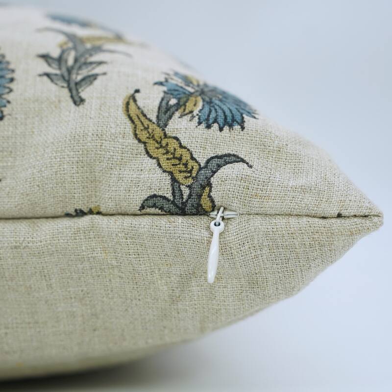 Fabdivine Blue Floral 18x18 Inch Handmade Block Print Pillow Cover Square Soft Pure Linen Home or Room Décor, Daffodil