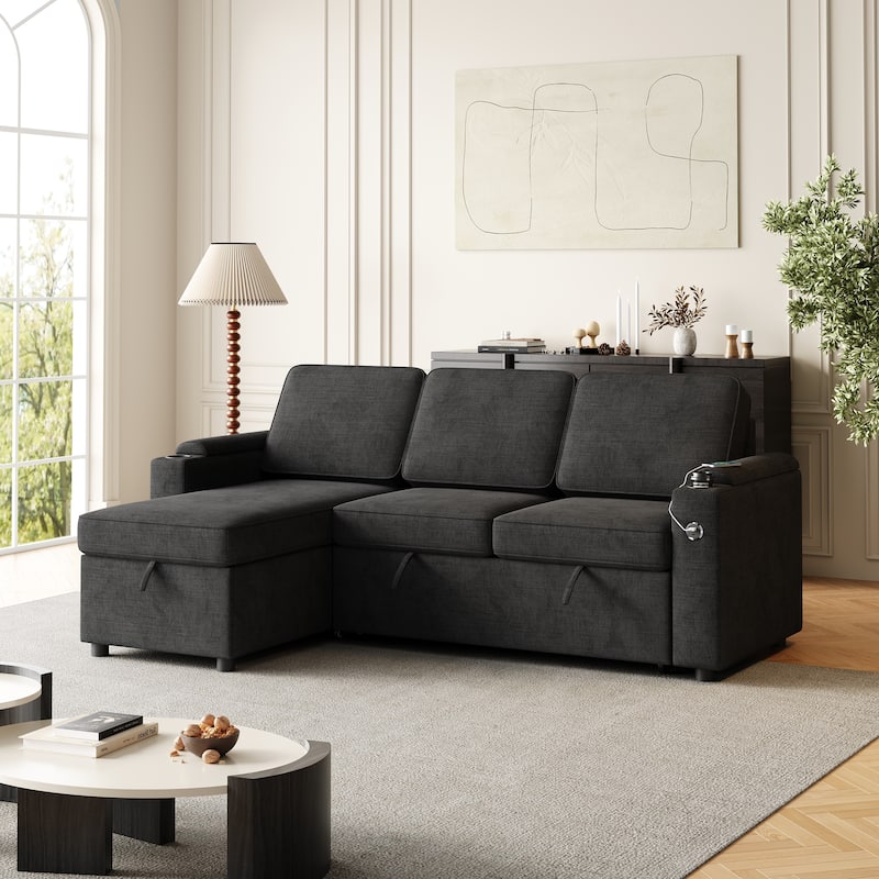 85.8" Sleeper Sectional Sofa with Storage Chaise, Armrest, Charging Port