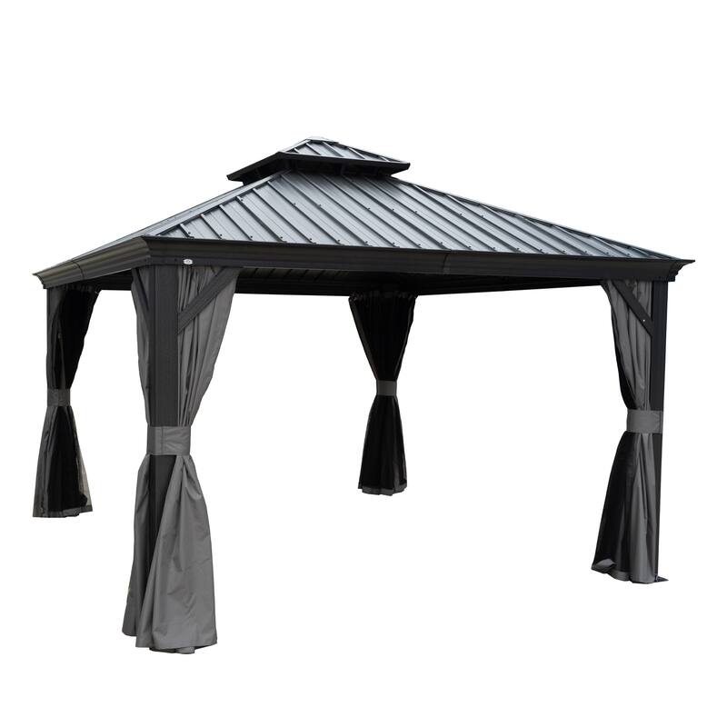 Kozyard Alexander Hardtop Aluminum Gazebo with Mosquito Net and Privacy Curtain - 12' x 12' - Grey