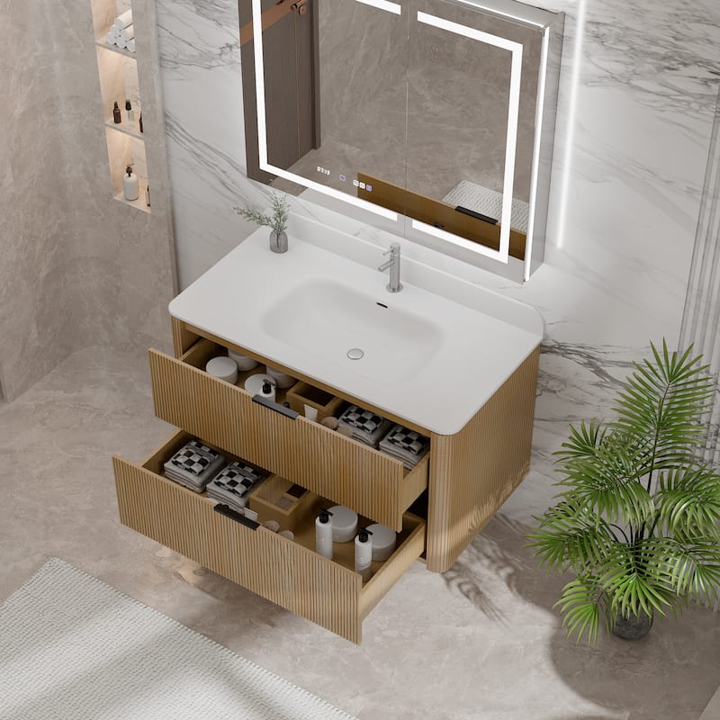 Modland Fluted Floating Vanity with Sink, Plywood Wall Mount Cabinet, Curved Edge, 24/30/36 Inch