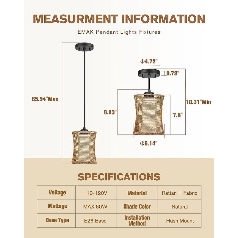 Woven Pendant Light, 1-Light Cylinder Ceiling Lighting for Kitchen Island with Fabric and Rattan Shade