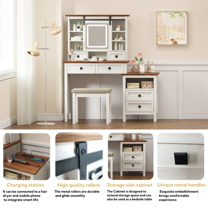 46.5'' Farmhouse Makeup Vanity Desk with Adjustible LED Lighted Mirror and Charging Station for Bedroom