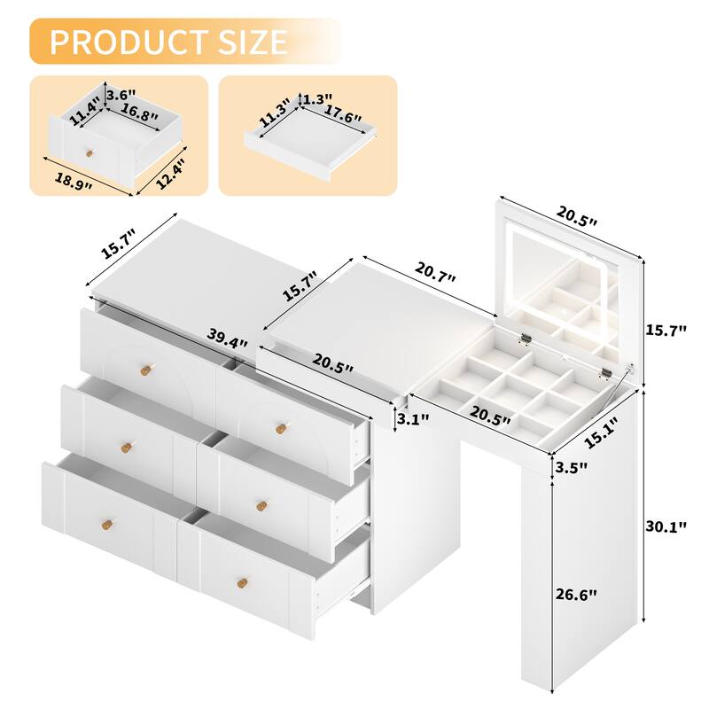 L-shaped Makeup Vanity Dressing Table with Flip-Top Makeup Mirror, Adjustable LED Lights & 7 Drawers