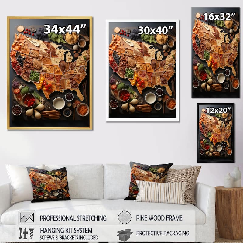 Designart "Usa Map Culinary Cartography " Usa Map Framed Canvas Prints