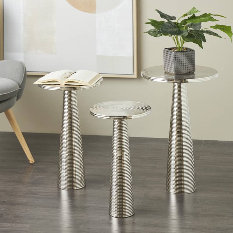 Textured or Ridged Accent Table with Layered Ring Tabletop or Hammered & Cone Shaped Bases - Gold or Silver - Roche River Décor