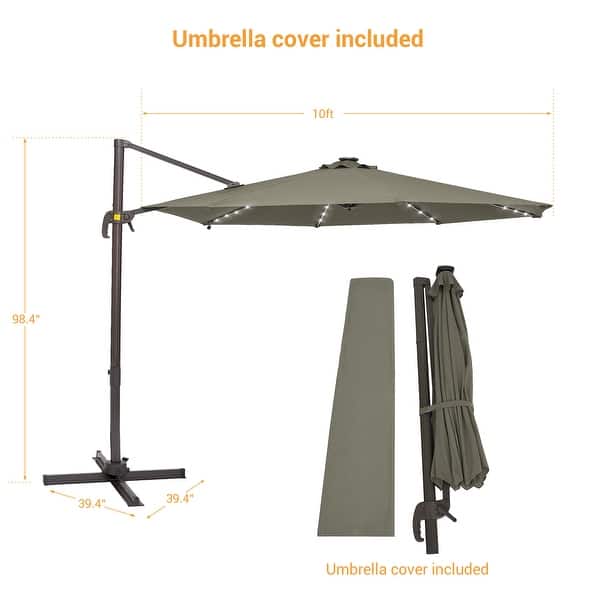 BONOSUKI 10Ft LED Patio Cantilever Offset Umbrella With Cross Base