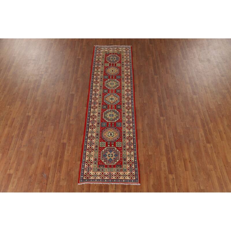 Geometric Kazak Runner Rug Hand-Knotted Oriental Red Wool Carpet - 2'9" x 9'11"