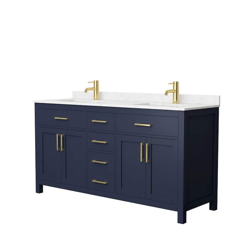 Beckett 66 Inch Double Vanity, Cultured Marble Top - Dark Blue, Gold Trim, Carrara Cultured Marble Top