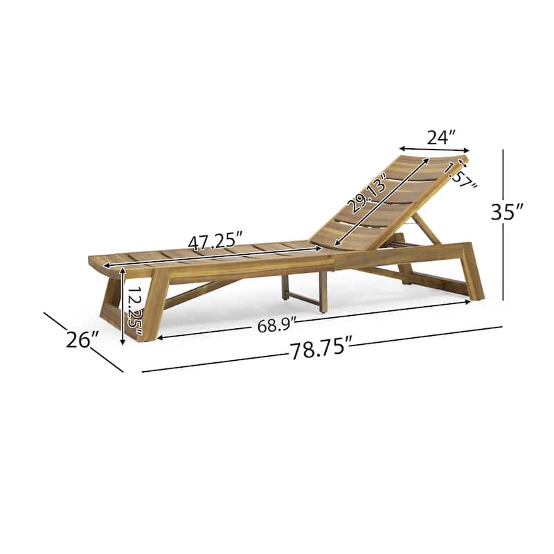 Acacia Wood Outdoor Chaise Lounge with Adjustable Backrest, Slat Design Single Chaise Patio Backyard Recliner Sun Lounger