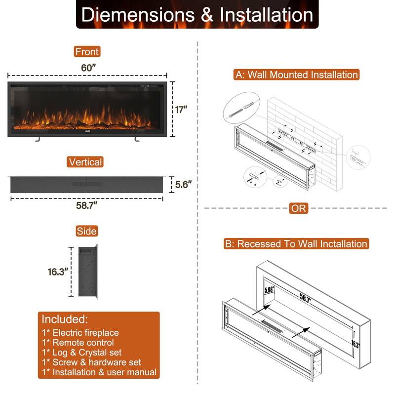 1500W Wall-Mounted &Recessed Electric Fireplace Heater with Remote Control