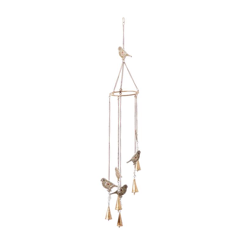 Gold Metal Handmade Indoor Outdoor Windchime with Glass Beads and Cone Bells