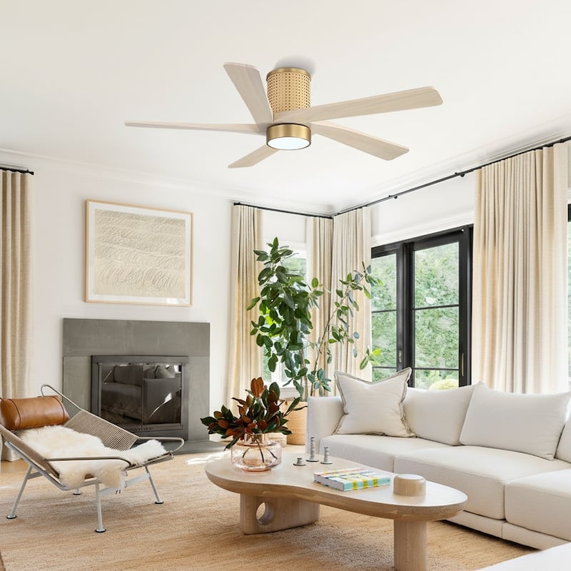 MLiAN 5 Solid Wood Blades DC Motor Indoor Downrod Flush Mount Ceiling Fan Remote Integrated LED