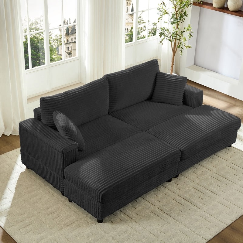 Mixoy 85inch Corduroy Loveseat Chaise Lounge with Storage Ottoman&Armrests,Upholstered 2-Seater Sleeper Reclining Chair Indoor