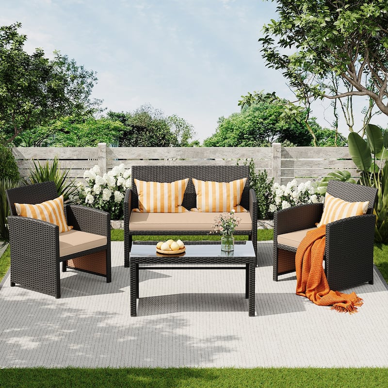 EROMMY 4-Piece Patio Furniture Set with Cushions, Wicker Sofa and Glass Coffee Table, All-Weather PE Rattan Conversation Set.