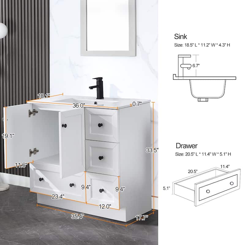 Solid Wood Bathroom Vanity Cabinet with Ceramic Undermount Sink Top Skirting Design