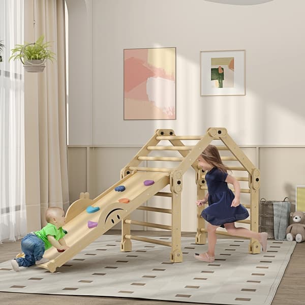 slide 2 of 9, Wooden 4 in 1 Indoor Playground with Ramp & Seesaw, Climbing Toys for Toddlers聽 Wood