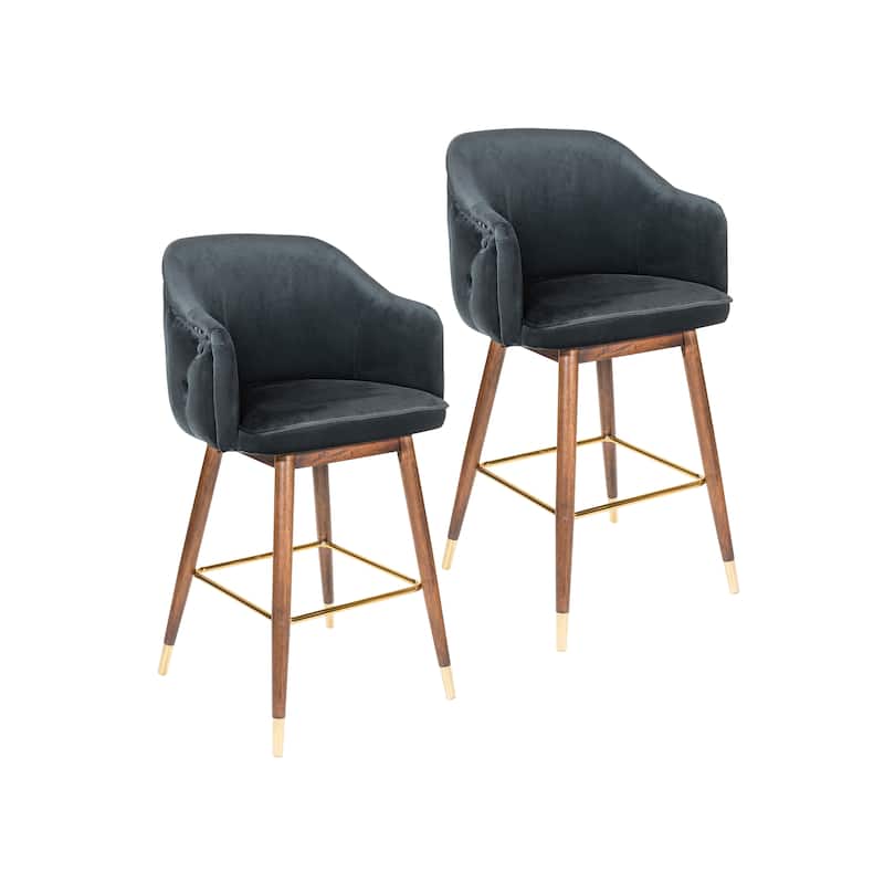 Porthos Home Orla Velvet Upholstered Bar Stools with Rubberwood Legs, Set of 2 - Black