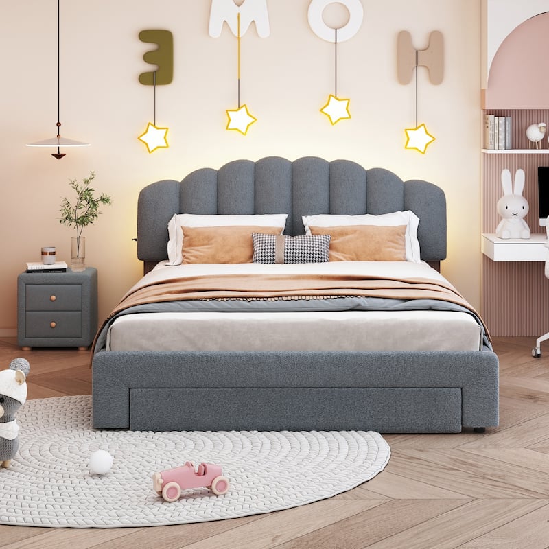 Teddy Fleece Queen Size Upholstered Platform Bed with 1 Nightstand