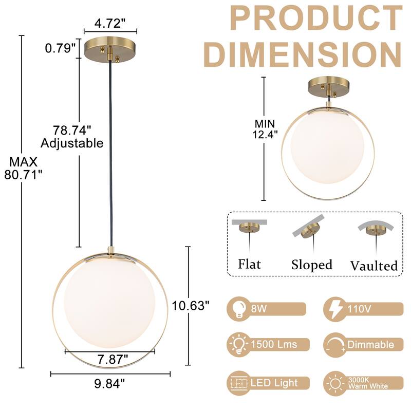 Modern 10-In Single Light LED Pendant Opal Glass Shade Metal Frame - Dia.10-in