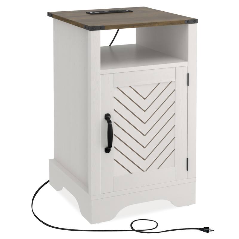 Farmhouse Nightstand Side Table, Wooden Rustic End Table, Tall Bedside Table with Electrical Outlets Charging Station