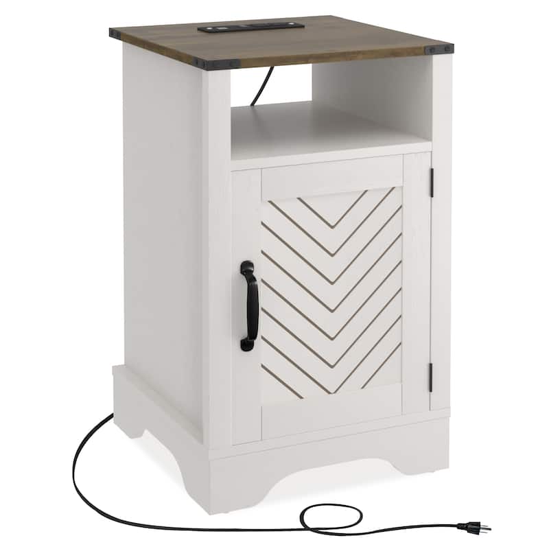Rustic Wooden Nightstand with Charging Station, Ample Storage, and Easy Assembly - White & Oak