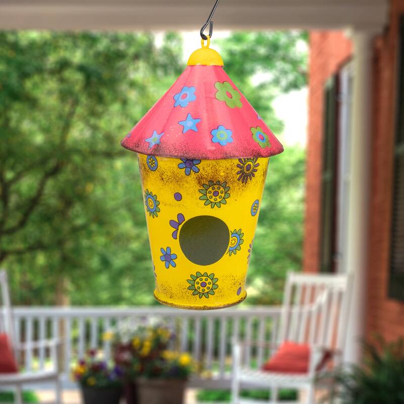 7.75" Red and Yellow Metal Birdhouse with Flowers