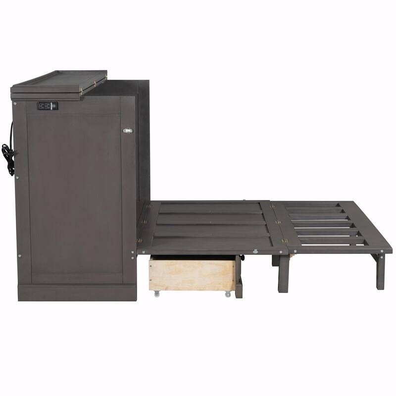 Solid Pine Murphy Bed Chest - Cube Cabinet Bed with Charging Station and Large Storage Drawer